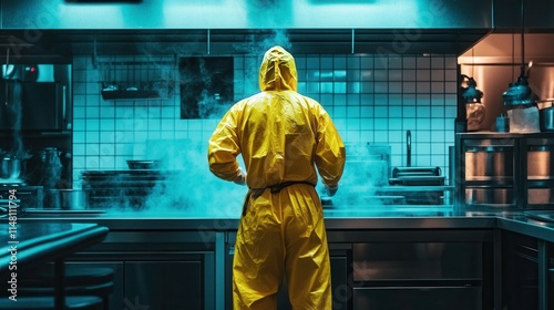 Worker in Yellow Hazmat Suit Cleaning Kitchen Surfaces