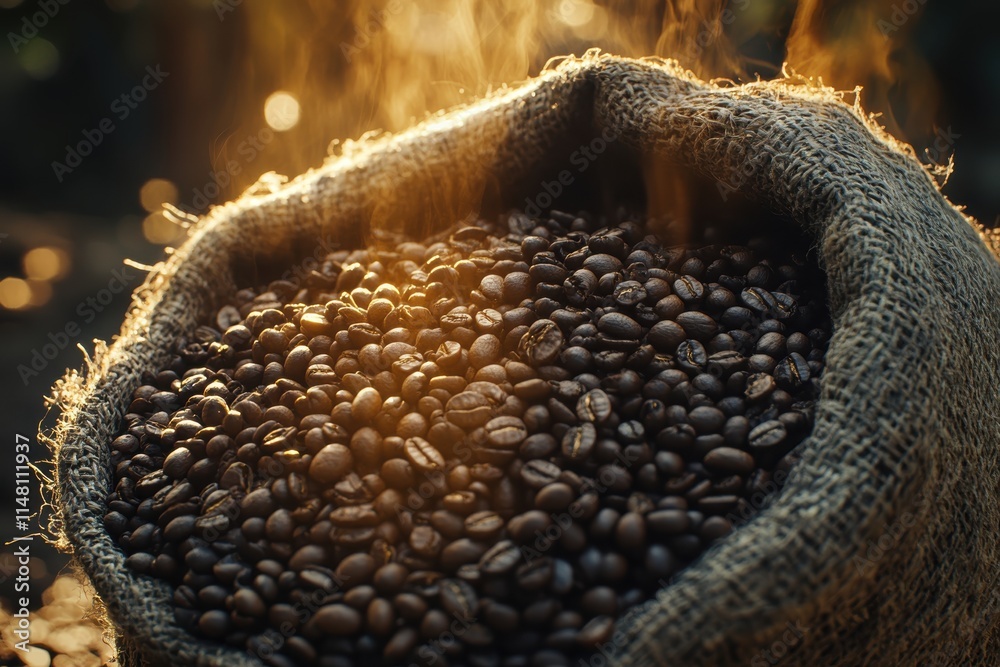 Freshly Roasted Coffee Beans in a Jute Sack Glowing in the Warm Light of Early Morning with Steam Rising, Perfect for Coffee Lovers and Culinary Enthusiasts Freshly Roasted Coffee Beans in a Jute Sack Glowing in the Warm Light of Early Morning with Steam Rising, Perfect for Coffee Lovers and Culinary Enthusiasts