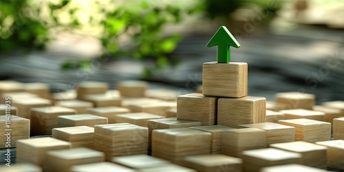 The concept of climate change is represented by a green arrow positioned on top of wooden blocks, symbolizing the urgent need for action on climate change. photo