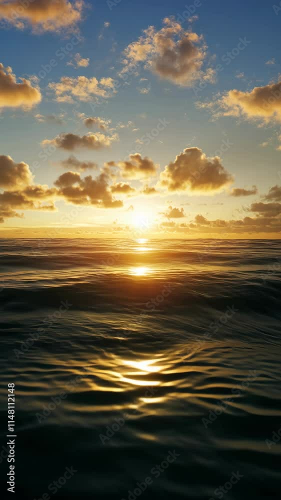 Golden Sunrise Over Calm Ocean: A Serene Seascape of Waves, Clouds, and Reflective Waters Golden Sunrise Over Calm Ocean: A Serene Seascape of Waves, Clouds, and Reflective Waters