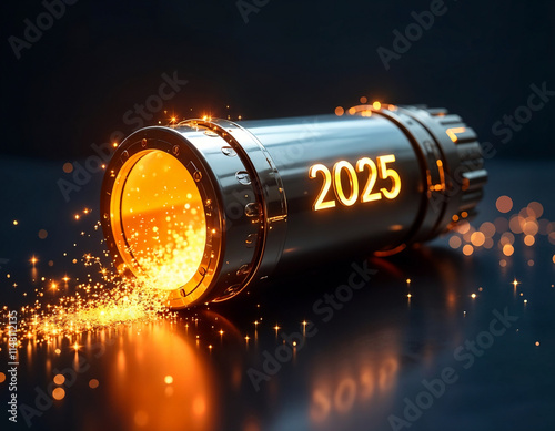 metallic time capsule surrounded by sparkling lights, representing the hopes, and dreams, of the new year 2025
