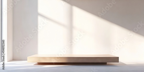 Brightly lit living room space featuring a white 3D mock up of a wooden table platform. A focus on interior design and product ideas.