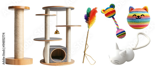 Collection set of scratch post, climbing tree playhouse and individual pet accessories for animal cat kitten on transparent cutout PNG. Many different play teaser wand toy. Mockup template for design