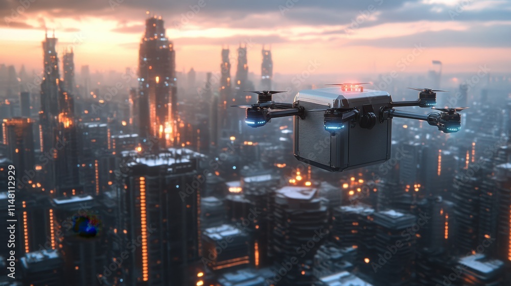 Drone deliveries box through the city Drone deliveries box through the city