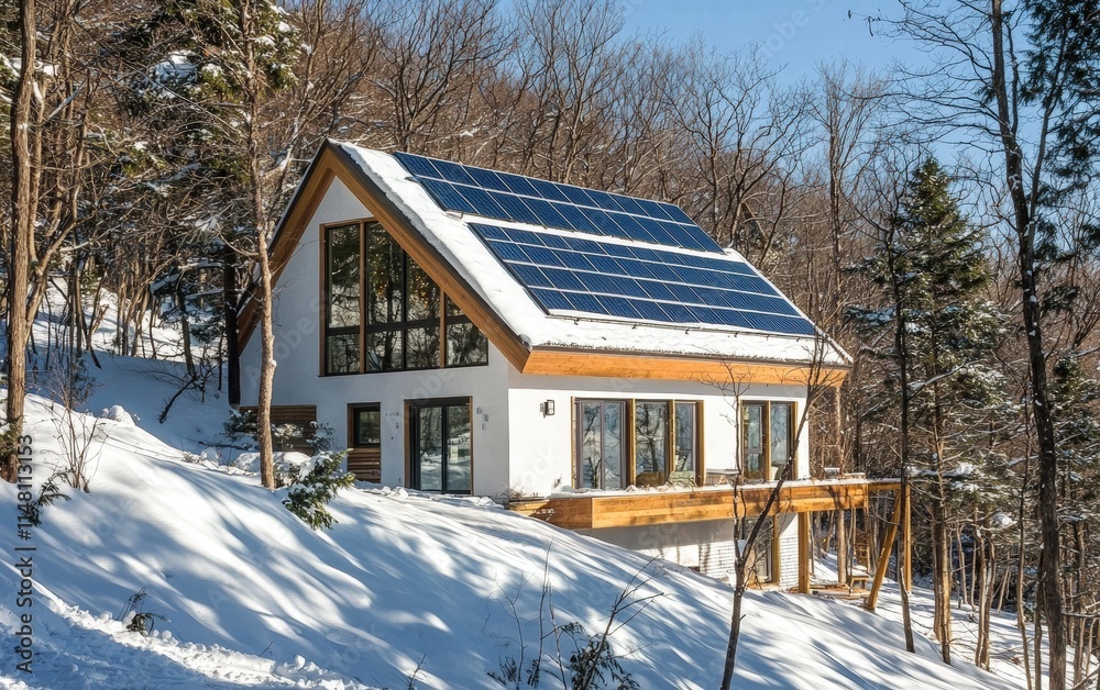 An eco-house with a slanted roof and solar panels, surrounded by a snowy winter forest An eco-house with a slanted roof and solar panels, surrounded by a snowy winter forest