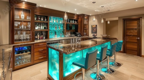 Modern Home Bar with Sleek Design and Vibrant Blue Lighting