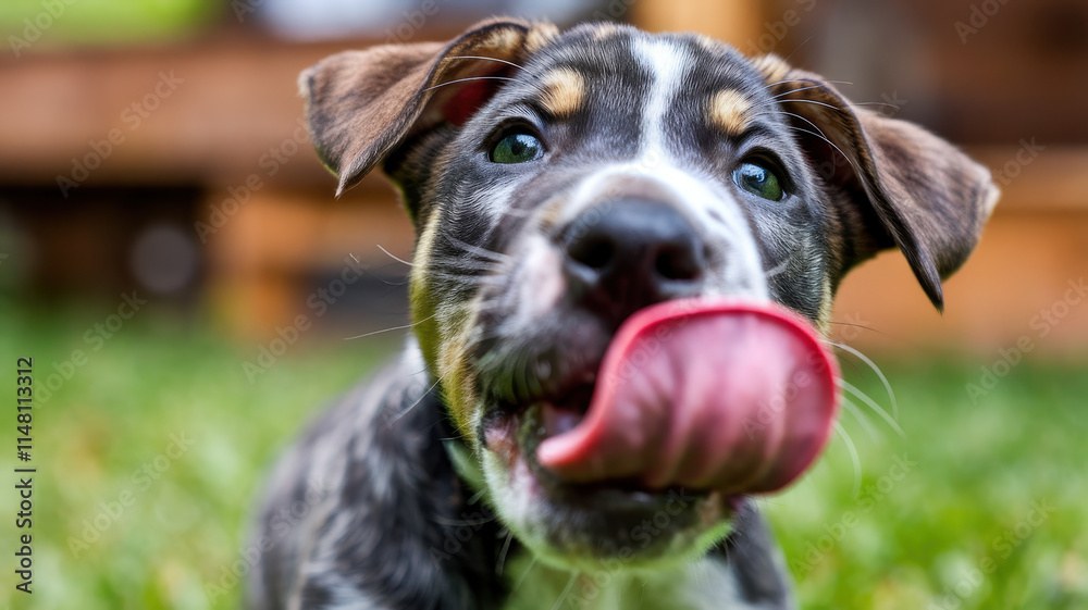 Adorable puppy with a playful expression, eagerly licking its lips in a lush green backyard setting. Adorable puppy with a playful expression, eagerly licking its lips in a lush green backyard setting.