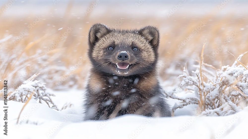Obraz premium Happy Wolverine Cub in Winter Wonderland Snow