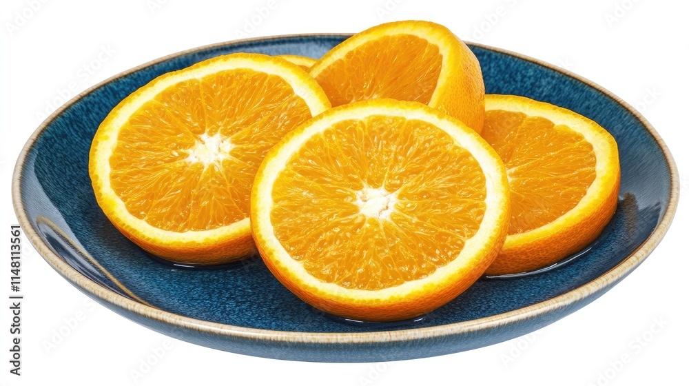 Beautiful fresh orange slices arranged on a blue plate against a white background create a vibrant composition. Close-up view of fresh orange slices with creative layout design and copy space. Beautiful fresh orange slices arranged on a blue plate against a white background create a vibrant composition. Close-up view of fresh orange slices with creative layout design and copy space.