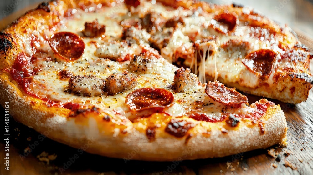 Delicious meat lovers pizza with pepperoni, sausage, and melted cheese. Delicious meat lovers pizza with pepperoni, sausage, and melted cheese.