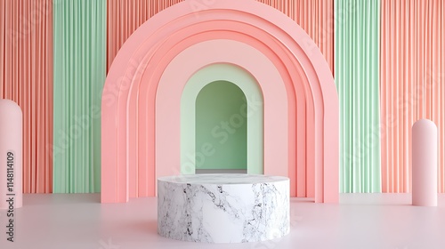 Vibrant Archway and Marble Table Creating a Playful and Modern Display for Creative Spaces photo