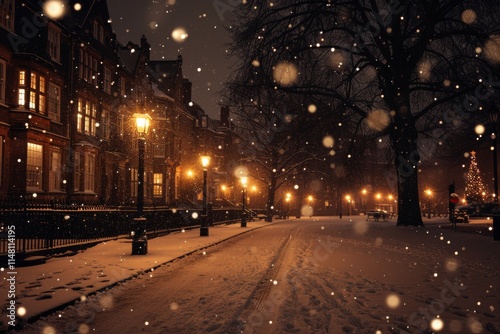 Snowy night on a quiet street with glowing street lamps and festive decorations in winter