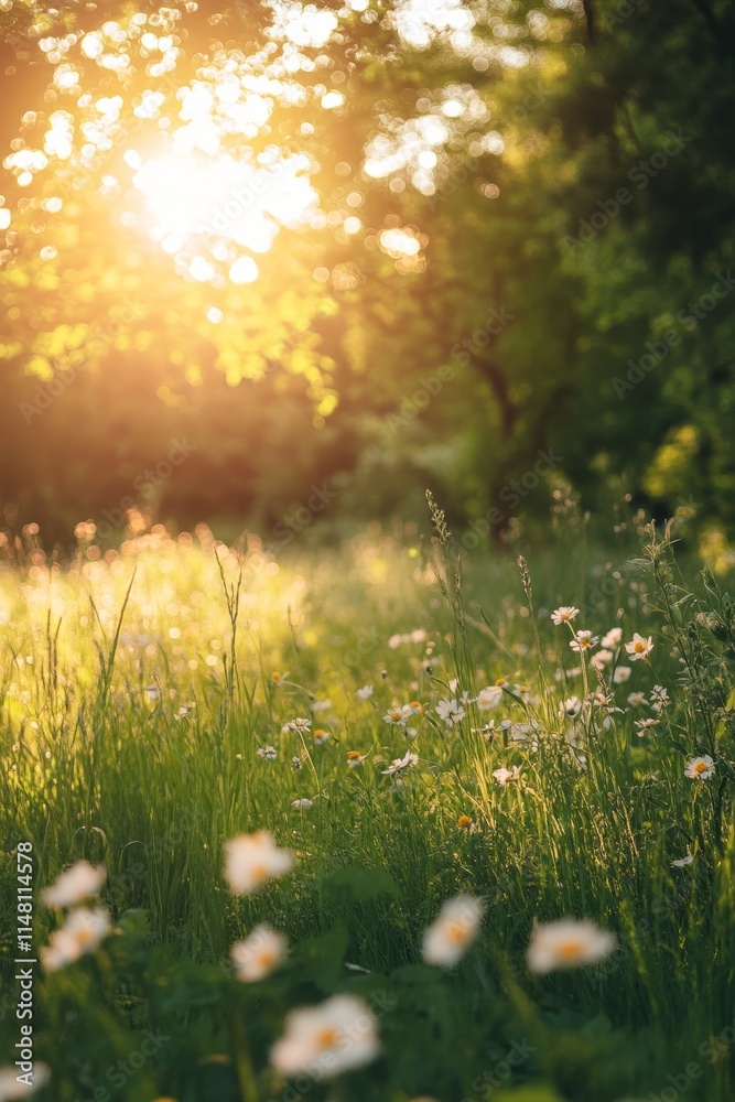 Fototapeta premium A tranquil meadow bathed in warm sunlight, featuring wildflowers and lush greenery, perfect for nature and relaxation themes.