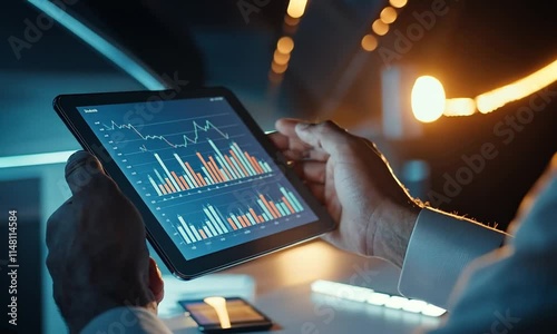 Businessman Analyzing Financial Data on Tablet at Night photo