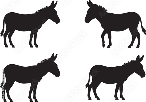 Donkey silhouette vector set on transparent background 