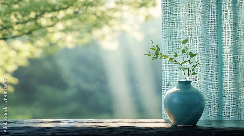 Teal vase with fresh green sprig sits on windowsill, sunlight streams through sheer curtain, blurred green foliage background. Teal vase with fresh green sprig sits on windowsill, sunlight streams through sheer curtain, blurred green foliage background.