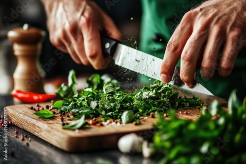 Sharp chef's hands skillfully chopping fresh herbs with a mezzaluna in a modern kitchen setting close-up view culinary artistry concept photo