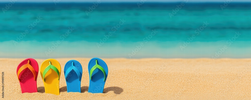 Naklejka premium Vibrant Flip Flops in Various Colors on Sandy Beach with Ocean Background