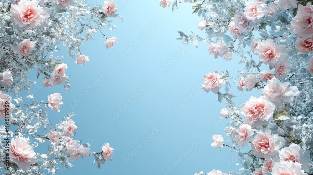 A serene floral arrangement with soft pink roses against a light blue background, banner. A serene floral arrangement with soft pink roses against a light blue background, banner.