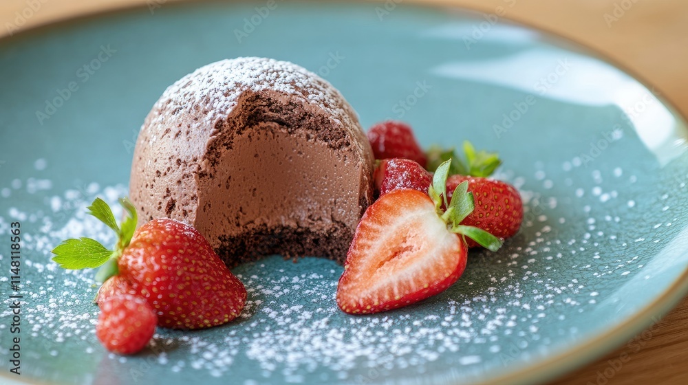 Chocolate Mousse with Fresh Strawberries on a Blue Plate