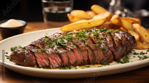 Steak Frites Isolated on Transparent Background - Classic French Dish with Grilled Steak and Crispy Fries for Food Photography and Culinary Design