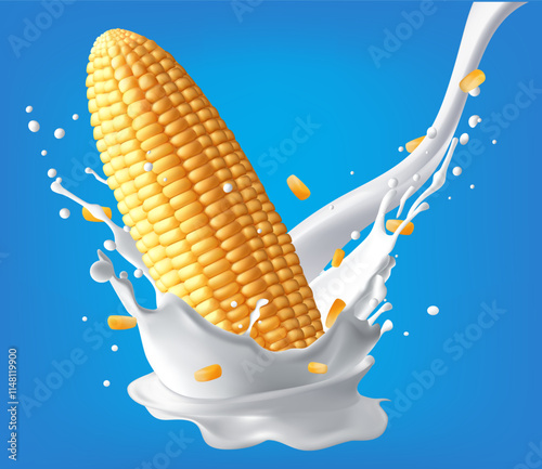 Milk splashes with fruit corn with milk. 3d vector realistic,corn milk,  Mesh gradient wes used