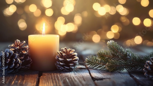 Candles and pine cones create a warm ambiance in a cozy setting with festive lights in the background during a winter evening photo