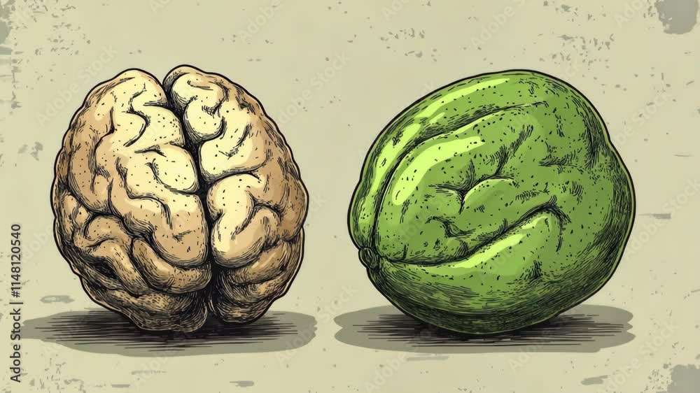Unique comparison of a brain and a walnut highlighting their structural similarities and differences