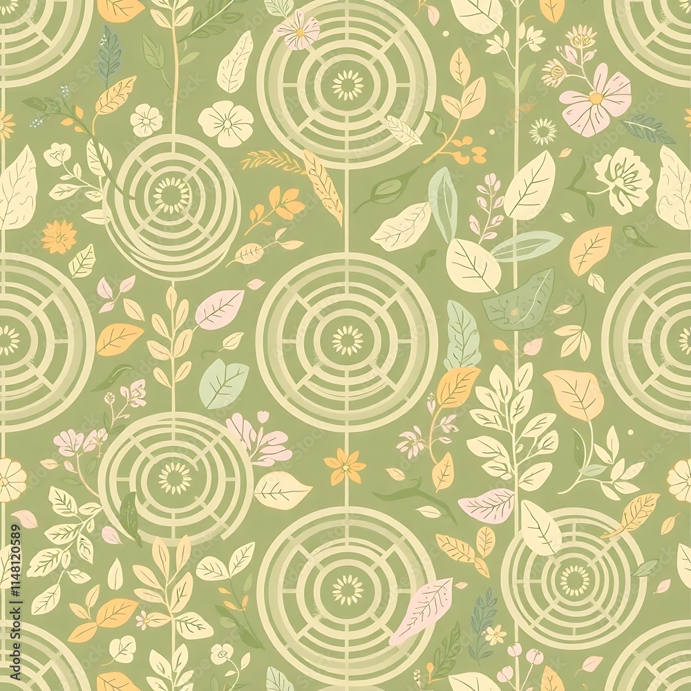 Fototapeta premium Botanical Circles: Olive Green Textile Design 