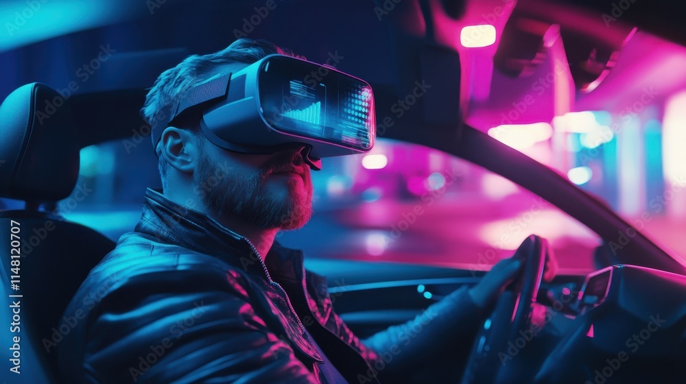 virtual reality, technology and driving concept - man or driver wearing vr glasses in car virtual reality, technology and driving concept - man or driver wearing vr glasses in car