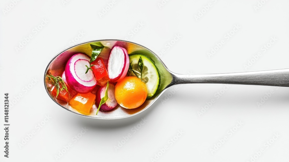 Fototapeta premium Fresh Vegetable Salad in Spoon with Colorful Ingredients Displayed