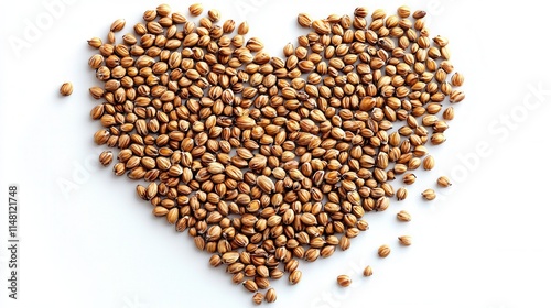 Heart-shaped arrangement of coriander seeds displayed on a white background showcasing natural textures and colors