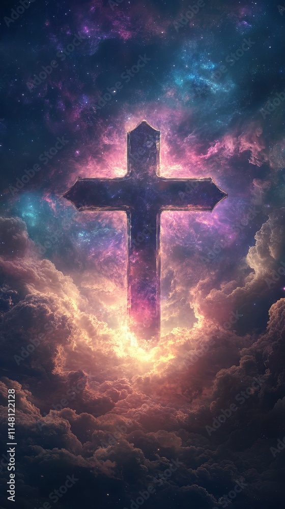 A colorful cross is floating in the sky above a cloudy background. Concept of spirituality and wonder