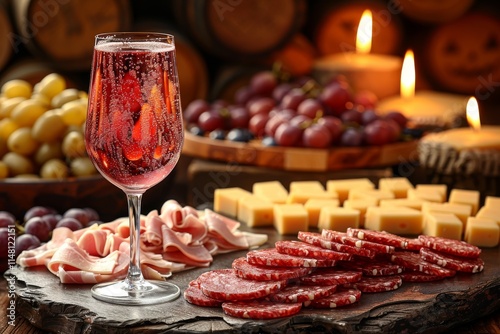 Elegant arrangement of charcuterie, cheese, and sparkling drink for a cozy gathering