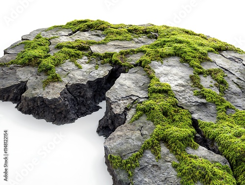 Diagonal view of a moss-covered rock showing moss detail and natural rock crevices, hyper-realistic 3D render against a white background.