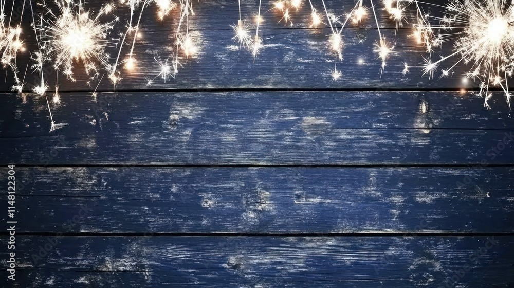 Fototapeta premium Festive sparklers on rustic blue wood.