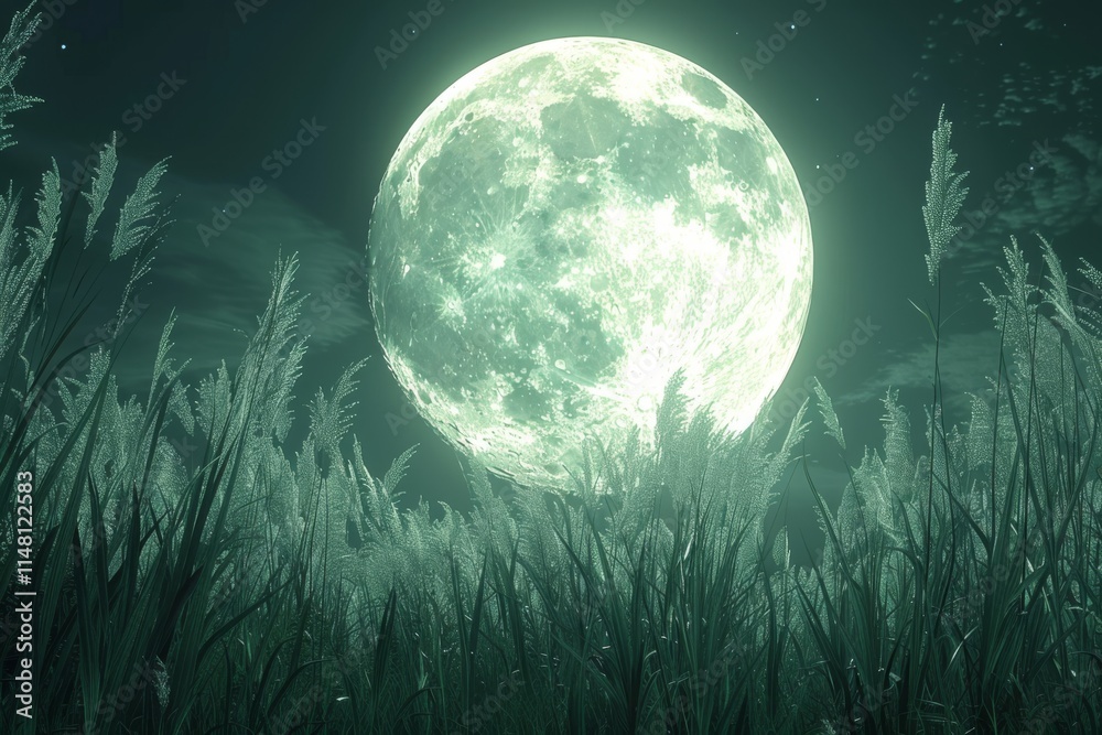 Majestic full moon illuminating tall grass in a serene night landscape surrounded by mystic clouds