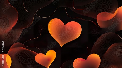 Abstract dark background with glowing orange hearts and wavy lines.