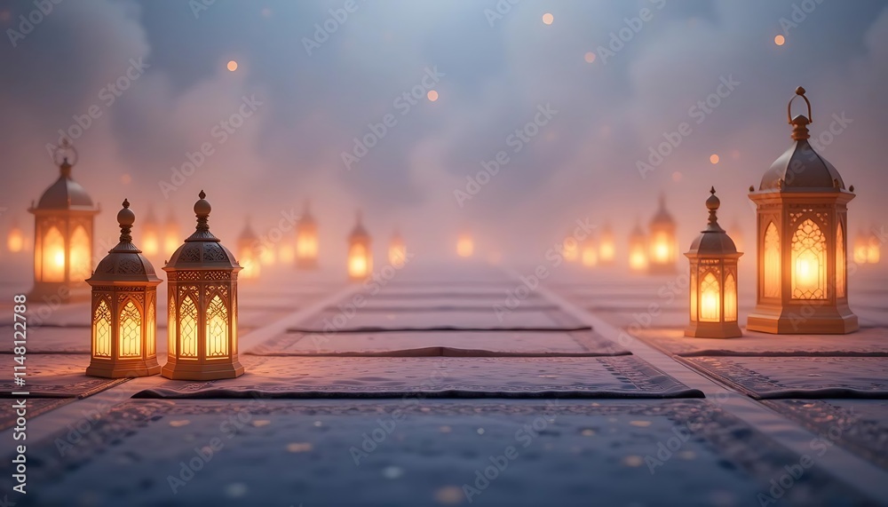 Fototapeta premium Illuminated Islamic Lanterns on Prayer Rugs at Dusk, Generative AI