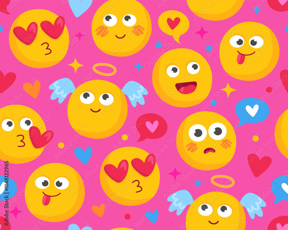 Seamless pattern with cute cartoon emoticons. Wrapping paper, design for Valentine's Day, Birthday. Yellow smileys on a pink background. Angels, hearts and stars. Seamless pattern with cute cartoon emoticons. Wrapping paper, design for Valentine's Day, Birthday. Yellow smileys on a pink background. Angels, hearts and stars.