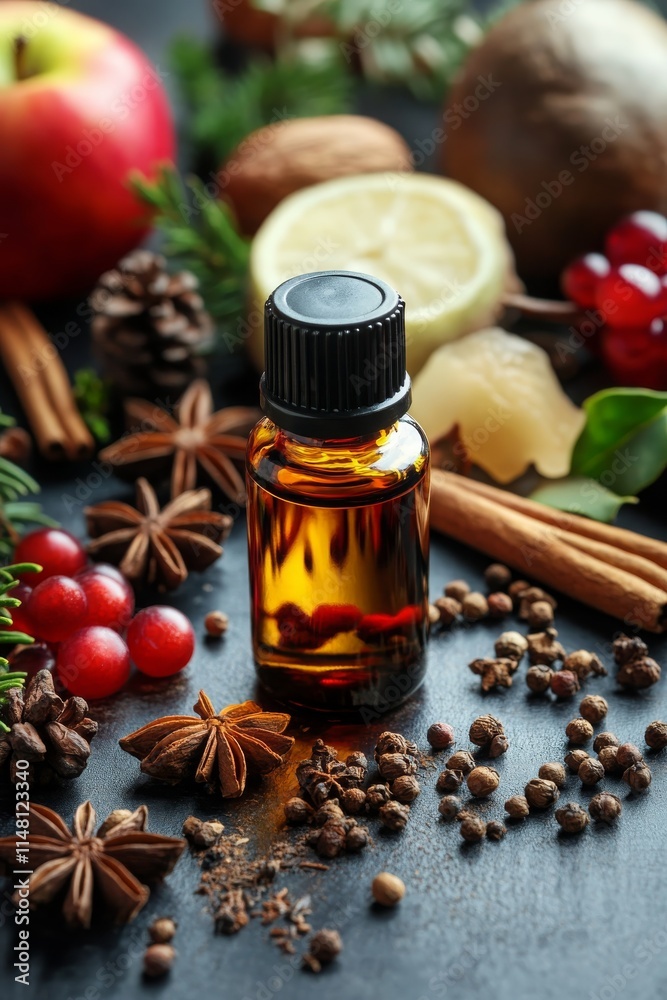 Christmas essential oils in bottles. Selective focus. Generative AI,
