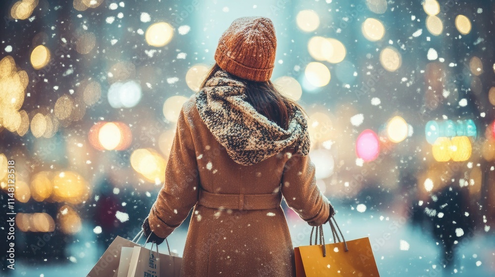Naklejka premium Woman in Winter Coat Holding Shopping Bags in Snowy City Scene