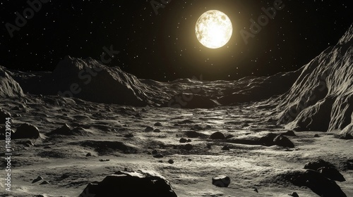 A lunar landscape illuminated by a bright moon against a starry sky. photo