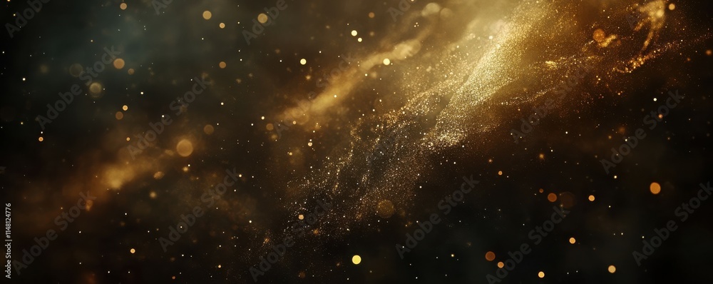 Fototapeta premium The dark background is sprinkled with golden dust, creating beautiful bokeh effects and light spots The gold particles sparkle in the air, adding to its enchanting atmosphere