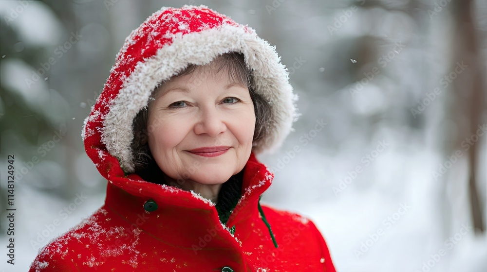 Smiling Woman in Red Winter Coat Surrounded by Snowy Landscape Smiling Woman in Red Winter Coat Surrounded by Snowy Landscape