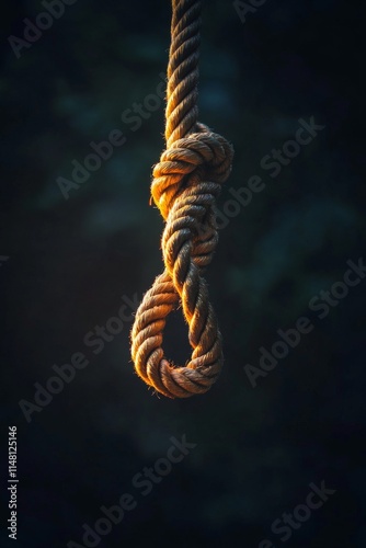 A rope hanging from a tree with a knot in it. The knot is shaped like a letter X photo