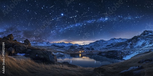 Geminid Meteor shower with a stunning landscape in the foreground, showcasing the beauty of the night sky as the Geminid Meteor shower captivates viewers with its brilliance. photo