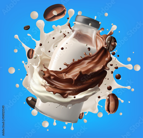 coffee Milk splash with Coffee Bean falling, 3d vector.Mesh gradient wes used