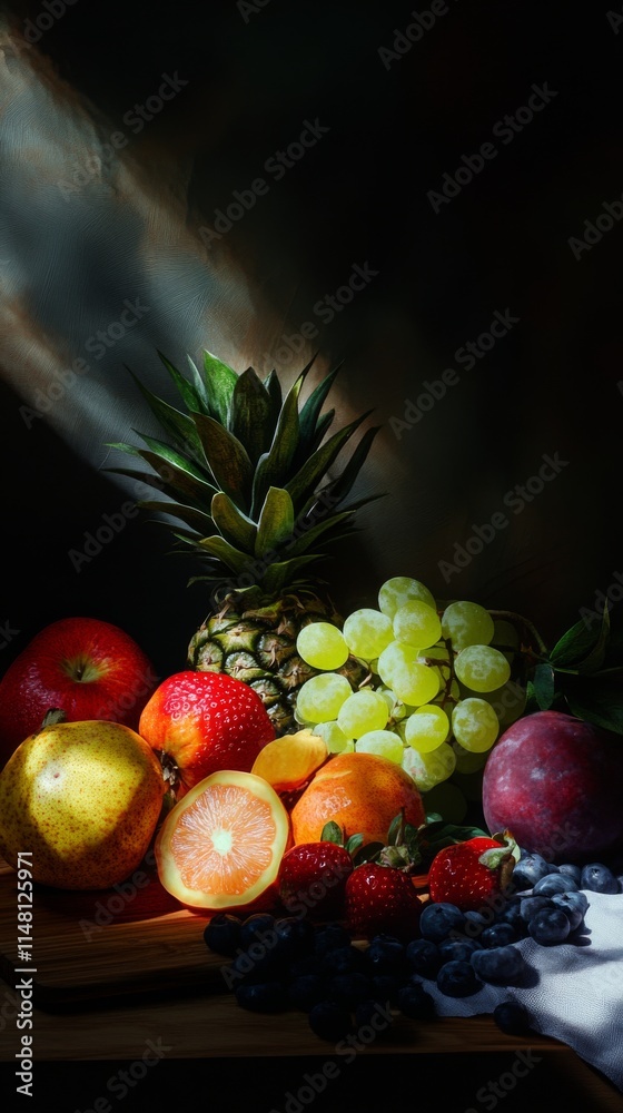 A table with a variety of fruits including apples, oranges, grapes, and strawberries. The table is covered with a white cloth A table with a variety of fruits including apples, oranges, grapes, and strawberries. The table is covered with a white cloth
