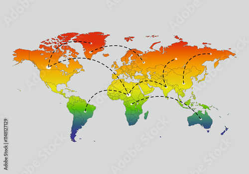 World map with network communication. Map with colorful gradient